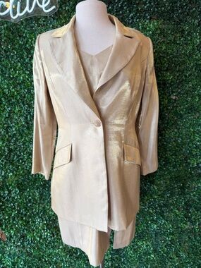 Vintage Cachet Gold Metallic Women's Blazer Jacket with Dress Set